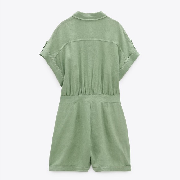 Zara Linen TOPSTITCHED Short JUMPSUIT Romper w/ Belt Green Size XS NEW - Picture 7 of 8